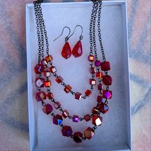 Red Iridescent 3 Strand Necklace and Earring set